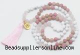 GMN6204 Knotted white howlite, pink jasper & rose quartz 108 beads mala necklace with tassel & charm