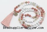 GMN6205 Knotted white howlite, cherry quartz & red jasper 108 beads mala necklace with tassel & charm