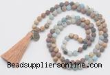 GMN6206 Knotted 8mm, 10mm matte mixed amazonite & jasper 108 beads mala necklace with tassel & charm