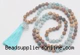 GMN6207 Knotted 8mm, 10mm matte amazonite & jasper 108 beads mala necklace with tassel & charm