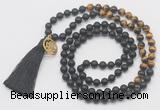 GMN6211 Knotted 8mm, 10mm matte black agate & yellow tiger eye 108 beads mala necklace with tassel & charm