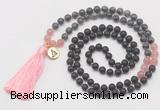 GMN6217 Knotted matte black agate, black labradorite & rose quartz 108 beads mala necklace with tassel & charm