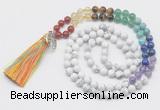 GMN6222 Knotted 7 Chakra white howlite 108 beads mala necklace with tassel & charm