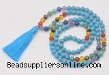 GMN6240 Knotted 7 Chakra 8mm, 10mm turquoise 108 beads mala necklace with tassel