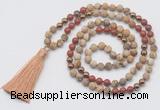 GMN6246 Knotted 8mm, 10mm matte picture jasper & red jasper 108 beads mala necklace with tassel