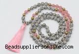 GMN6247 Knotted 8mm, 10mm dalmatian jasper & cherry quartz 108 beads mala necklace with tassel