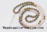 GMN6249 Knotted 8mm, 10mm unakite, white jade & hematite 108 beads mala necklace with tassel