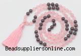 GMN6252 Knotted 8mm, 10mm rose quartz & garnet 108 beads mala necklace with tassel