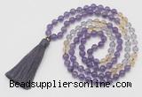 GMN6253 Knotted 8mm, 10mm amethyst, citrine & white crystal 108 beads mala necklace with tassel