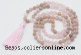 GMN6255 Knotted 8mm, 10mm sunstone, rose quartz & white jade 108 beads mala necklace with tassel