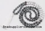 GMN6259 Knotted 8mm, 10mm snowflake obsidian, garnet & matte white howlite 108 beads mala necklace with tassel