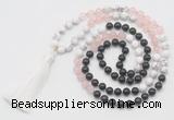 GMN6262 Knotted 8mm, 10mm black agate, rose quartz & white howlite 108 beads mala necklace with tassel