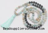 GMN6263 Knotted 8mm, 10mm matte amazonite & black lava 108 beads mala necklace with tassel