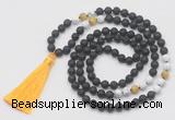 GMN6268 Knotted 8mm, 10mm black lava, matte white howlite & golden tiger eye 108 beads mala necklace with tassel