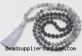 GMN6270 Knotted 8mm, 10mm black lava, black labradorite & cloudy quartz 108 beads mala necklace with tassel