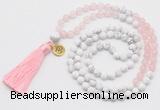 GMN6302 Knotted rose quartz & white howlite 108 beads mala necklace with tassel & charm