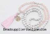 GMN6303 Knotted matte rose quartz & white howlite 108 beads mala necklace with tassel & charm