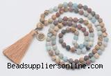 GMN6306 Knotted 8mm, 10mm matte mixed amazonite & jasper 108 beads mala necklace with tassel & charm