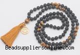 GMN6315 Knotted black lava & yellow tiger eye 108 beads mala necklace with tassel & charm