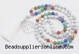 GMN6321 Knotted 7 Chakra white howlite 108 beads mala necklace with tassel & charm