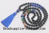 GMN6328 Knotted 7 Chakra black lava & lapis lazuli 108 beads mala necklace with tassel & charm