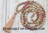 GMN6346 Knotted 8mm, 10mm matte picture jasper & red jasper 108 beads mala necklace with tassel