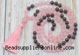 GMN6352 Knotted 8mm, 10mm rose quartz & garnet 108 beads mala necklace with tassel