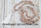 GMN6354 Knotted 8mm, 10mm sunstone, white crystal & white jade 108 beads mala necklace with tassel