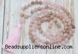 GMN6355 Knotted 8mm, 10mm sunstone, rose quartz & white jade 108 beads mala necklace with tassel