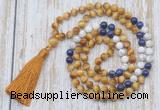 GMN6357 Knotted 8mm, 10mm golden tiger eye, lapis lazuli & matte white howlite 108 beads mala necklace with tassel