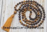 GMN6358 Knotted 8mm, 10mm yellow tiger eye, garnet & smoky quartz 108 beads mala necklace with tassel