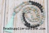 GMN6363 Knotted 8mm, 10mm matte amazonite & black lava 108 beads mala necklace with tassel