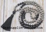 GMN6365 Knotted 8mm, 10mm dalmatian jasper, black lava & garnet 108 beads mala necklace with tassel