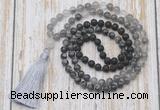 GMN6370 Knotted 8mm, 10mm black lava, black labradorite & cloudy quartz 108 beads mala necklace with tassel