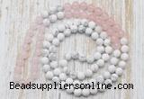 GMN6402 Hand-knotted 8mm, 10mm rose quartz & white howlite 108 beads mala necklaces