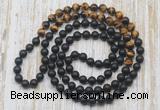 GMN6411 Hand-knotted 8mm, 10mm matte black agate & yellow tiger eye 108 beads mala necklaces