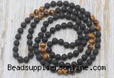 GMN6415 Hand-knotted 8mm, 10mm black lava & yellow tiger eye 108 beads mala necklaces