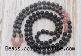 GMN6417 Hand-knotted 8mm, 10mm matte black agate, black labradorite & rose quartz 108 beads mala necklaces