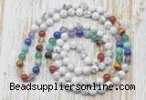 GMN6421 Hand-knotted 7 Chakra 8mm, 10mm white howlite 108 beads mala necklaces