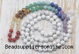 GMN6422 Hand-knotted 7 Chakra 8mm, 10mm white howlite 108 beads mala necklaces