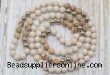 GMN6445 Hand-knotted 8mm, 10mm white fossil jasper & picture jasper 108 beads mala necklaces