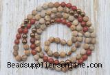 GMN6446 Hand-knotted 8mm, 10mm matte picture jasper & red jasper 108 beads mala necklaces