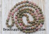 GMN6448 Hand-knotted 8mm, 10mm matte unakite & pink wooden jasper 108 beads mala necklaces