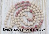 GMN6450 Hand-knotted 8mm, 10mm white fossil jasper & pink wooden jasper 108 beads mala necklaces