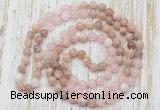 GMN6455 Hand-knotted 8mm, 10mm sunstone, rose quartz & white jade 108 beads mala necklaces