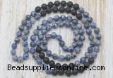 GMN6464 Hand-knotted 8mm, 10mm blue spot stone & black lava 108 beads mala necklaces