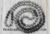 GMN6465 Hand-knotted 8mm, 10mm dalmatian jasper, black lava & garnet 108 beads mala necklaces