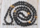 GMN6469 Knotted 8mm, 10mm black lava, smoky quartz & golden tiger eye 108 beads mala necklaces