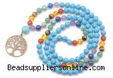 GMN6485 Knotted 7 Chakra 8mm, 10mm turquoise 108 beads mala necklace with charm