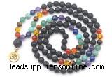 GMN6488 Knotted 7 Chakra 8mm, 10mm black lava 108 beads mala necklace with charm